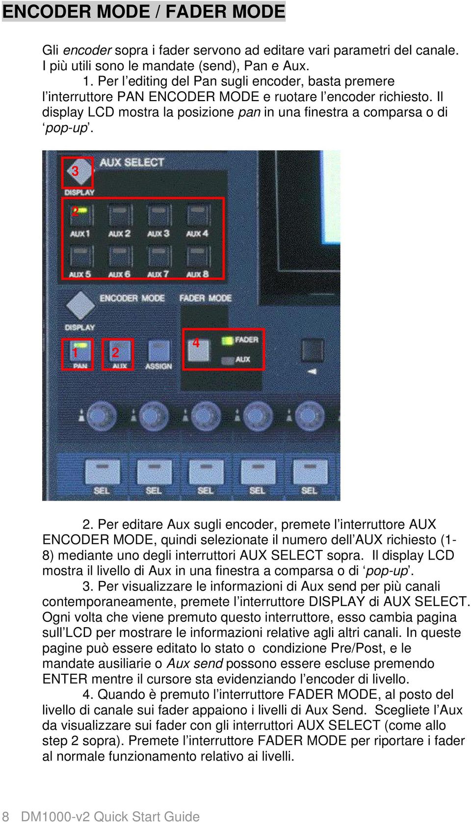 3 2 1 2 4 2. Per editare Aux sugli encoder, premete l interruttore AUX ENCODER MODE, quindi selezionate il numero dell AUX richiesto (1-8) mediante uno degli interruttori AUX SELECT sopra.