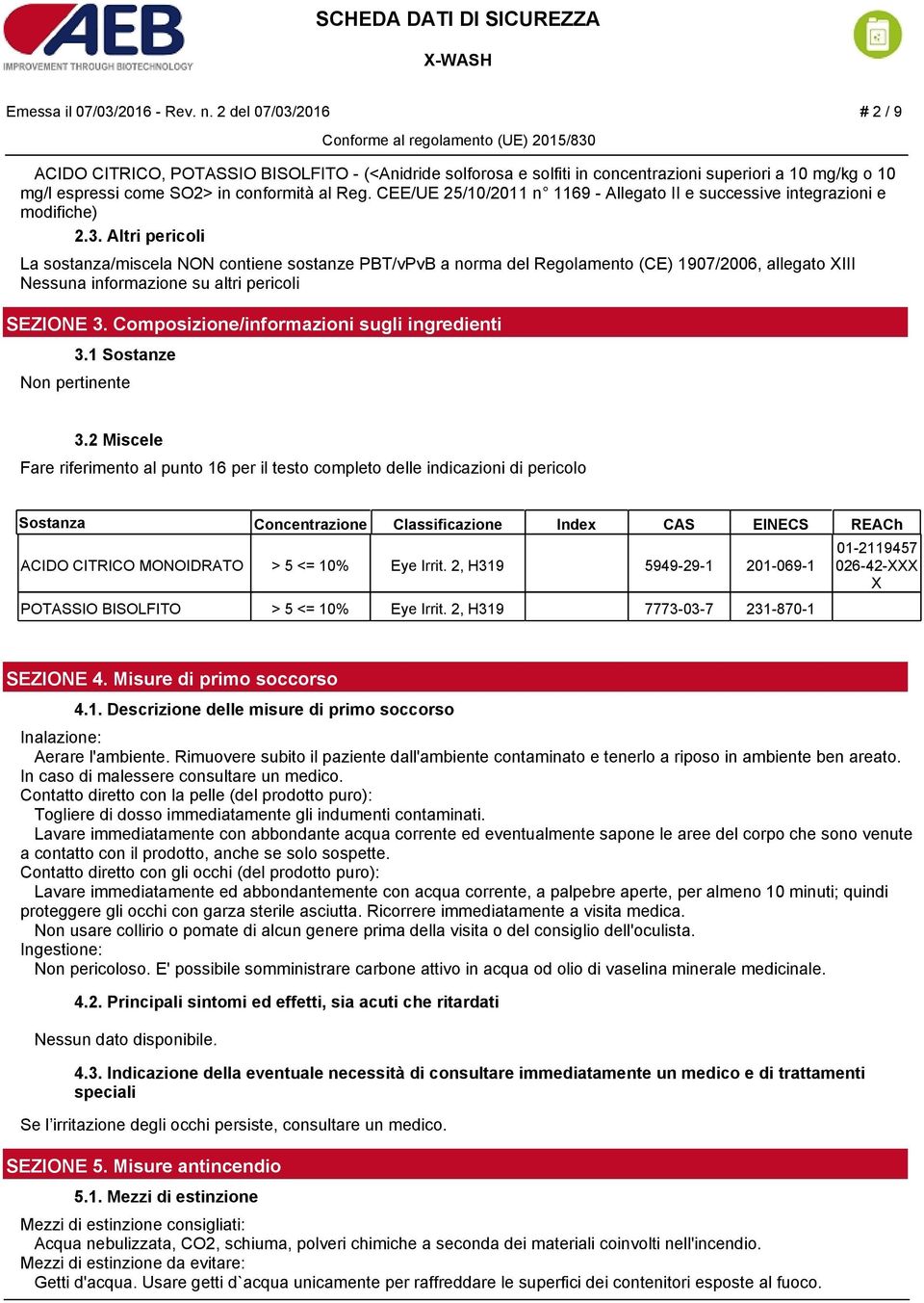 CEE/UE 25/10/2011 n 1169 - Allegato II e successive integrazioni e modifiche) 2.3.