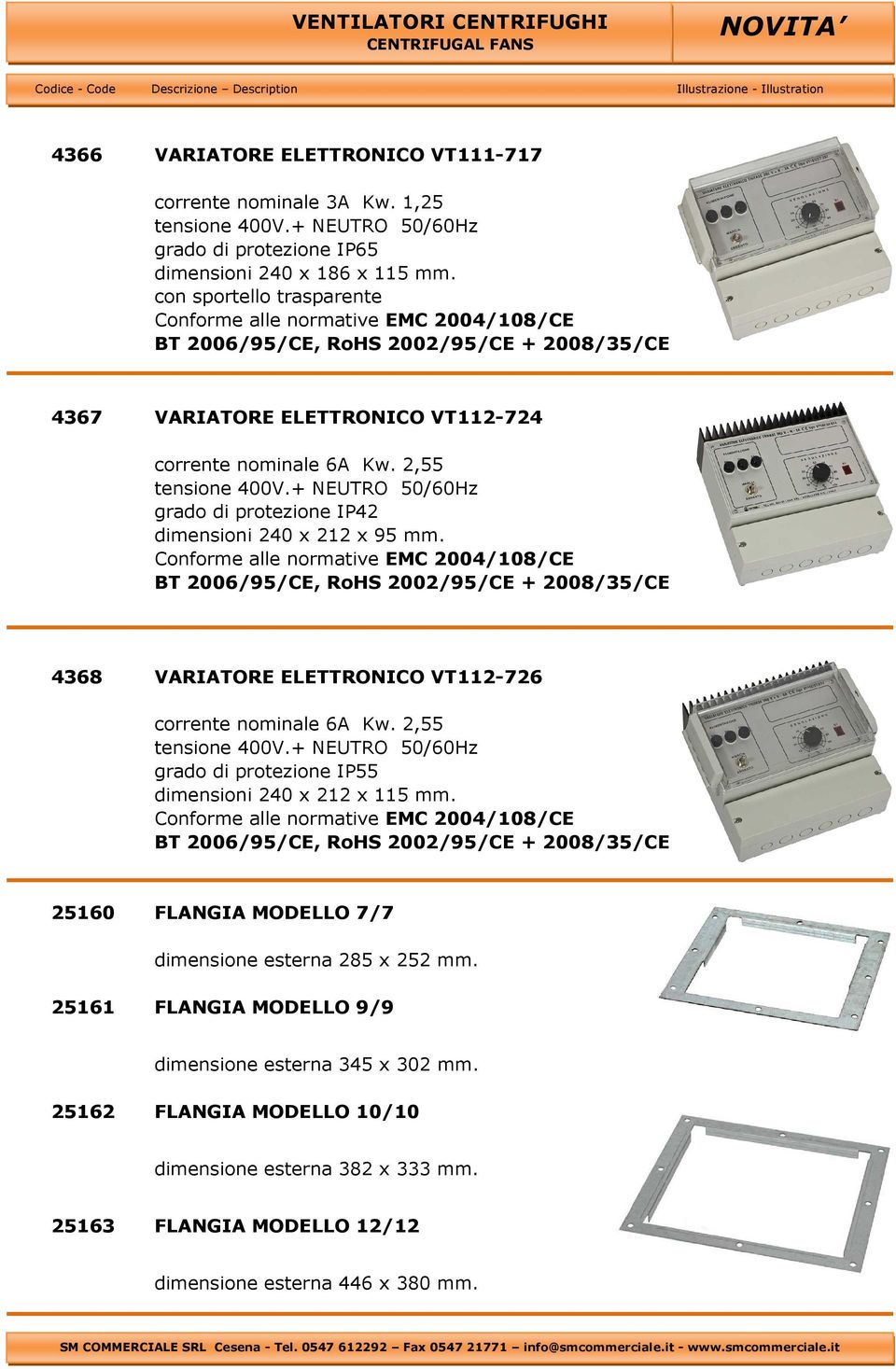 4368 VARIATORE ELETTRONICO VT112-726 corrente nominale 6A Kw. 2,55 tensione 400V.+ NEUTRO 50/60Hz grado di protezione IP55 dimensioni 240 x 212 x 115 mm.