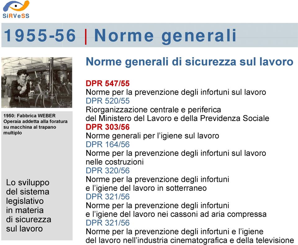 prevenzione degli infortuni nelle costruzioni DPR 320/56 Norme per la prevenzione degli infortuni e l igiene del lavoro in sotterraneo DPR 321/56 Norme per la prevenzione