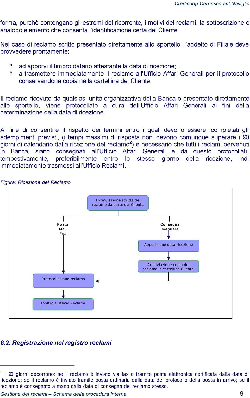 a trasmettere immediatamente il reclamo all Ufficio Affari Generali per il protocollo conservandone copia nella cartellina del Cliente.