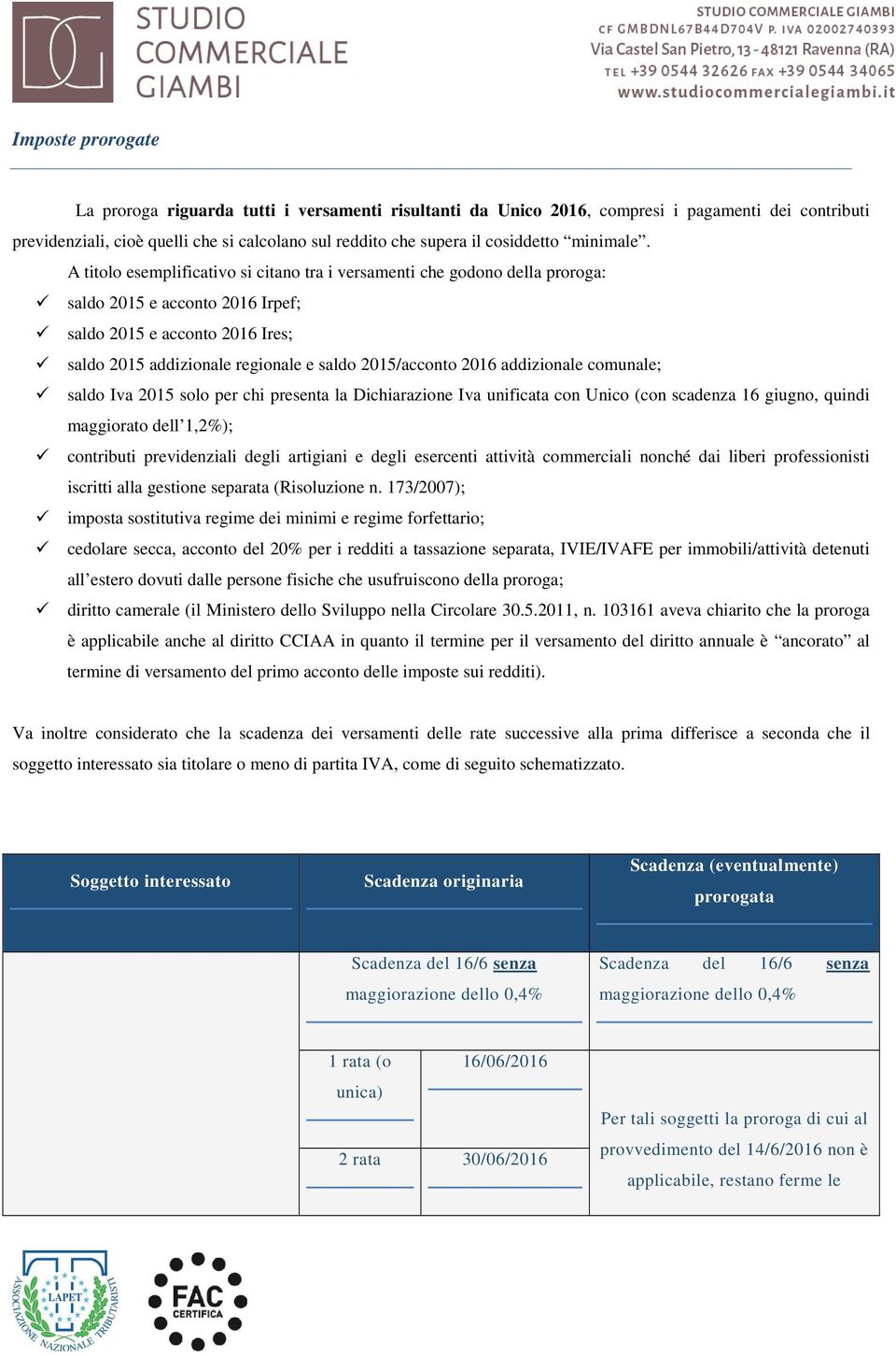 A titolo esemplificativo si citano tra i versamenti che godono della proroga: saldo 2015 e acconto 2016 Irpef; saldo 2015 e acconto 2016 Ires; saldo 2015 addizionale regionale e saldo 2015/acconto