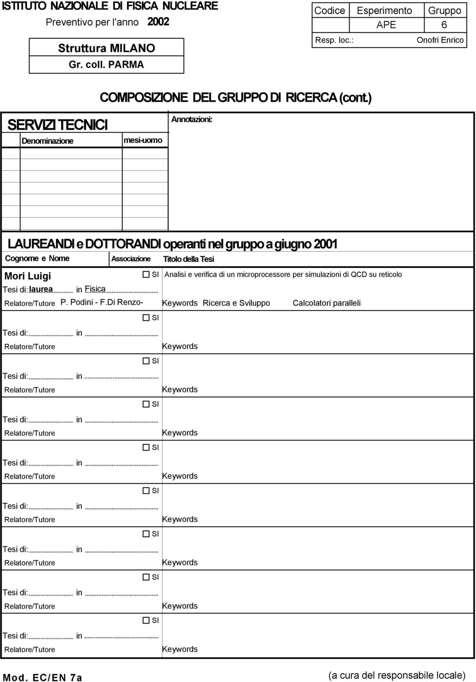 2001 Cognome e Nome Associazione Titolo della Tesi Mori Luigi laurea Fisica P. Podi - F.Di Renzo- R.