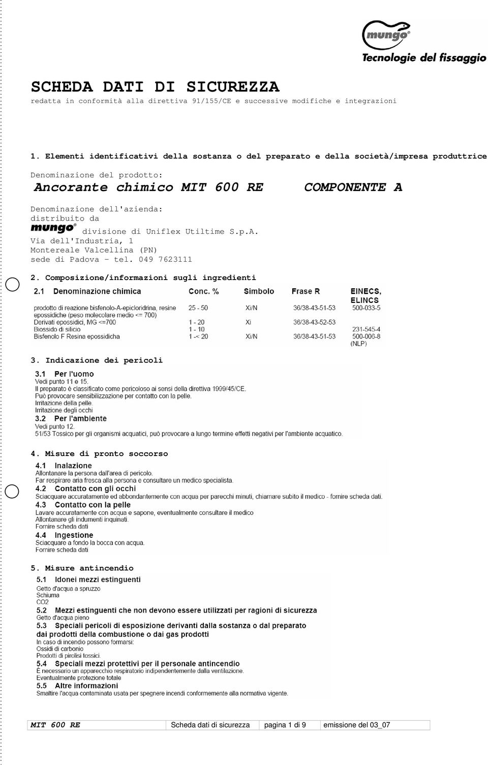 COMPONENTE A Denominazione dell'azienda: distribuito da divisione di Uniflex Utiltime S.p.A. Via dell'industria, 1 Montereale Valcellina (PN) sede di Padova - tel.