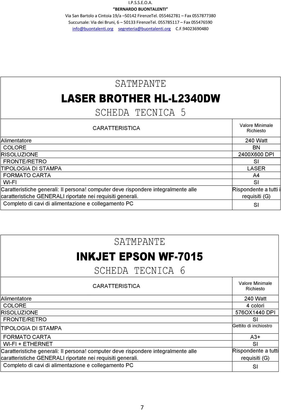 FRONTE/RETRO TIPOLOGIA DI STAMPA SATMPANTE INKJET EPSON WF-7015 SCHEDA TECNICA 6 Valore Minimale Richiesto 4 colori 576OX1440 DPI Gettito di