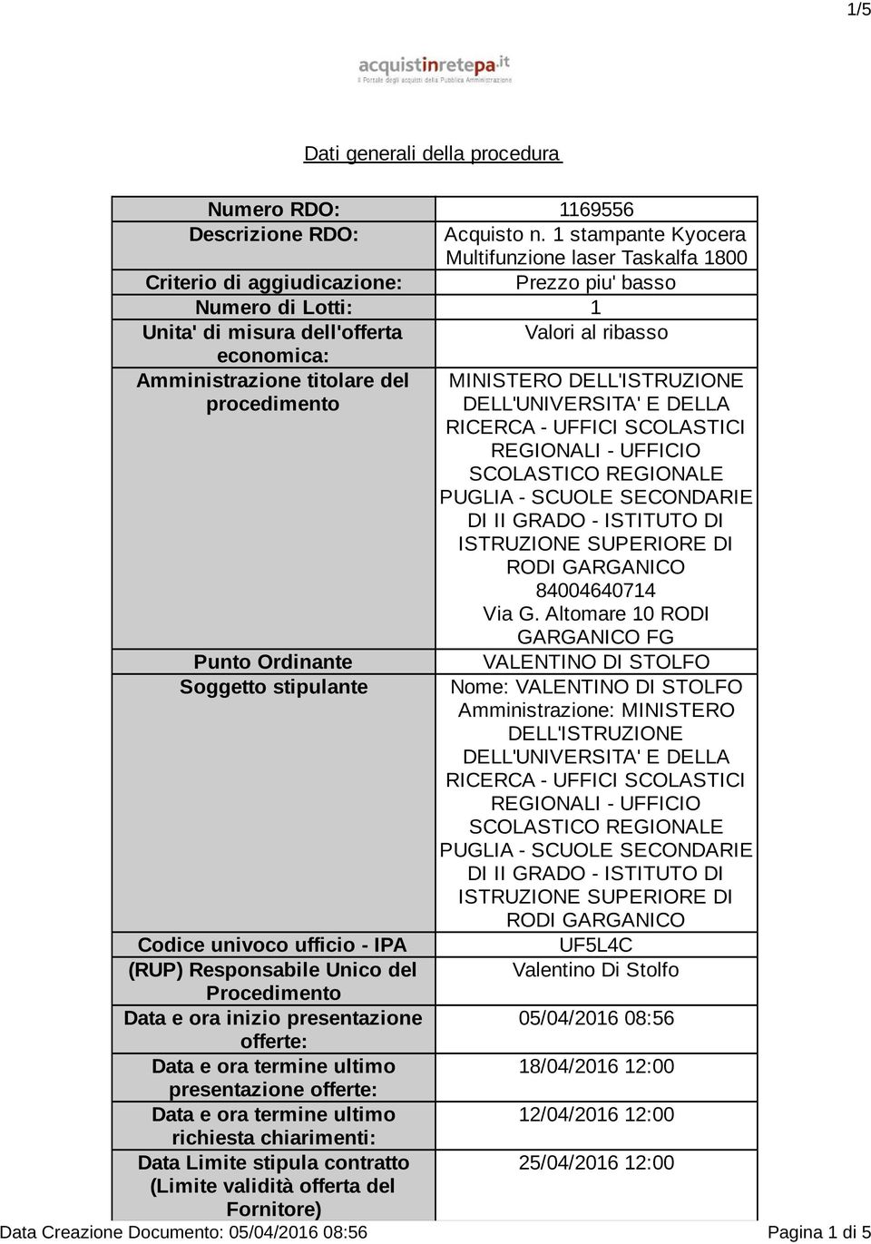 titolare del MINISTERO DELL'ISTRUZIONE procedimento DELL'UNIVERSITA' E DELLA RICERCA - UFFICI SCOLASTICI REGIONALI - UFFICIO SCOLASTICO REGIONALE PUGLIA - SCUOLE SECONDARIE DI II GRADO - ISTITUTO DI