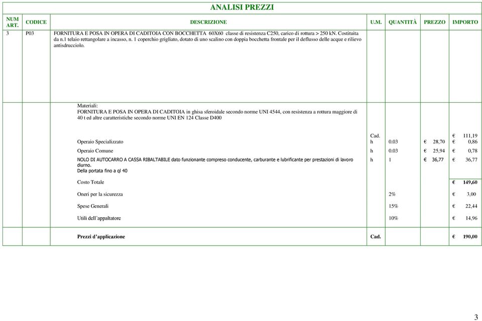 FORNITURA E POSA IN OPERA DI CADITOIA in ghisa sferoidale secondo norme UNI 4544, con resistenza a rottura maggiore di 40 t ed altre caratteristiche secondo norme UNI EN 124 Classe D400