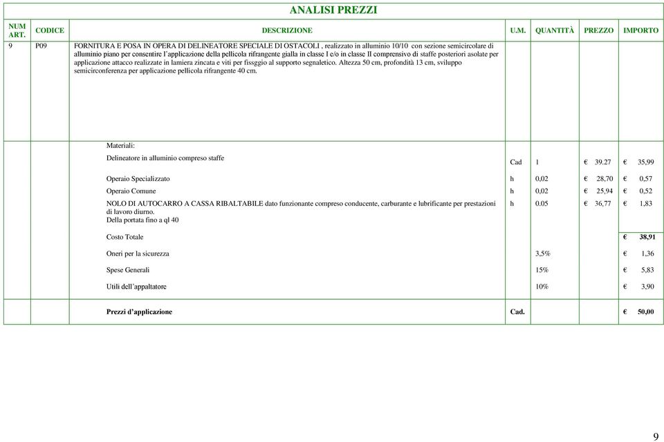 Altezza 50 cm, profondità 13 cm, sviluppo semicirconferenza per applicazione pellicola rifrangente 40 cm. Delineatore in alluminio compreso staffe Cad 1 39.