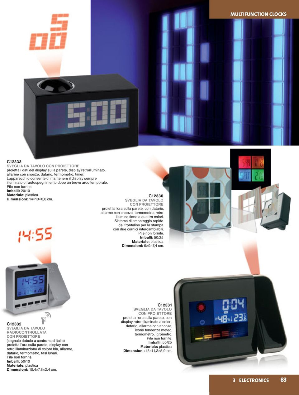 SVEGLIA DA TAVOLO CON PROIETTORE proietta l ora sulla parete, con datario, allarme con snooze, termometro, retro illuminazione a quattro colori.