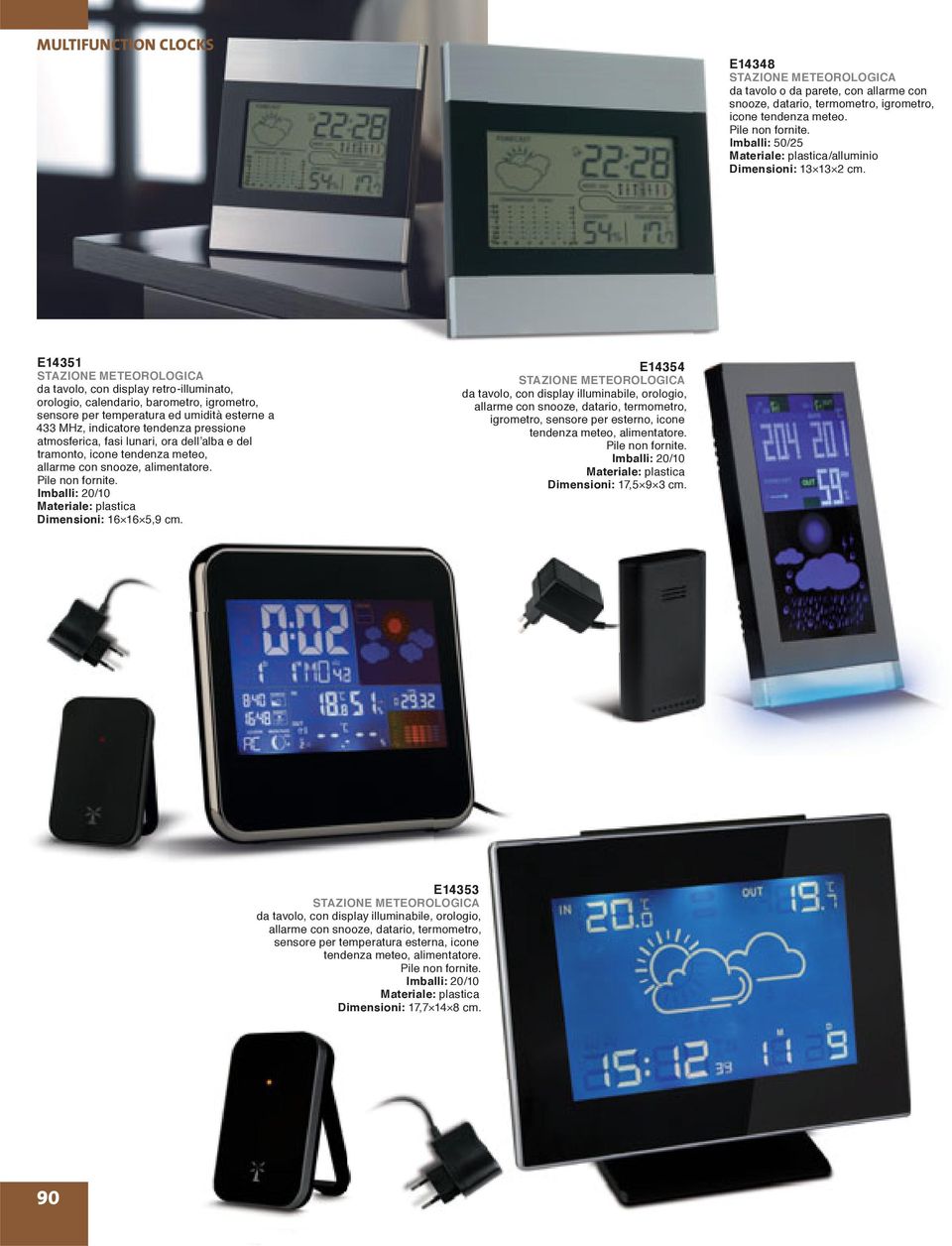 E14351 STAZIONE METEOROLOGICA da tavolo, con display retro-illuminato, orologio, calendario, barometro, igrometro, sensore per temperatura ed umidità esterne a 433 MHz, indicatore tendenza pressione