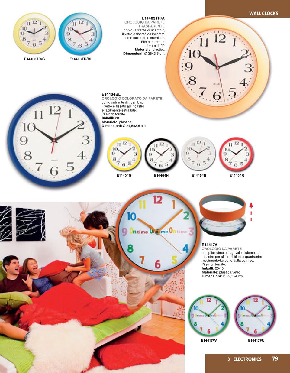 WALL CLOCKS E14404BL OROLOGIO COLORATO DA PARETE con quadrante di ricambio, il vetro è fissato ad incastro e facilmente estraibile.