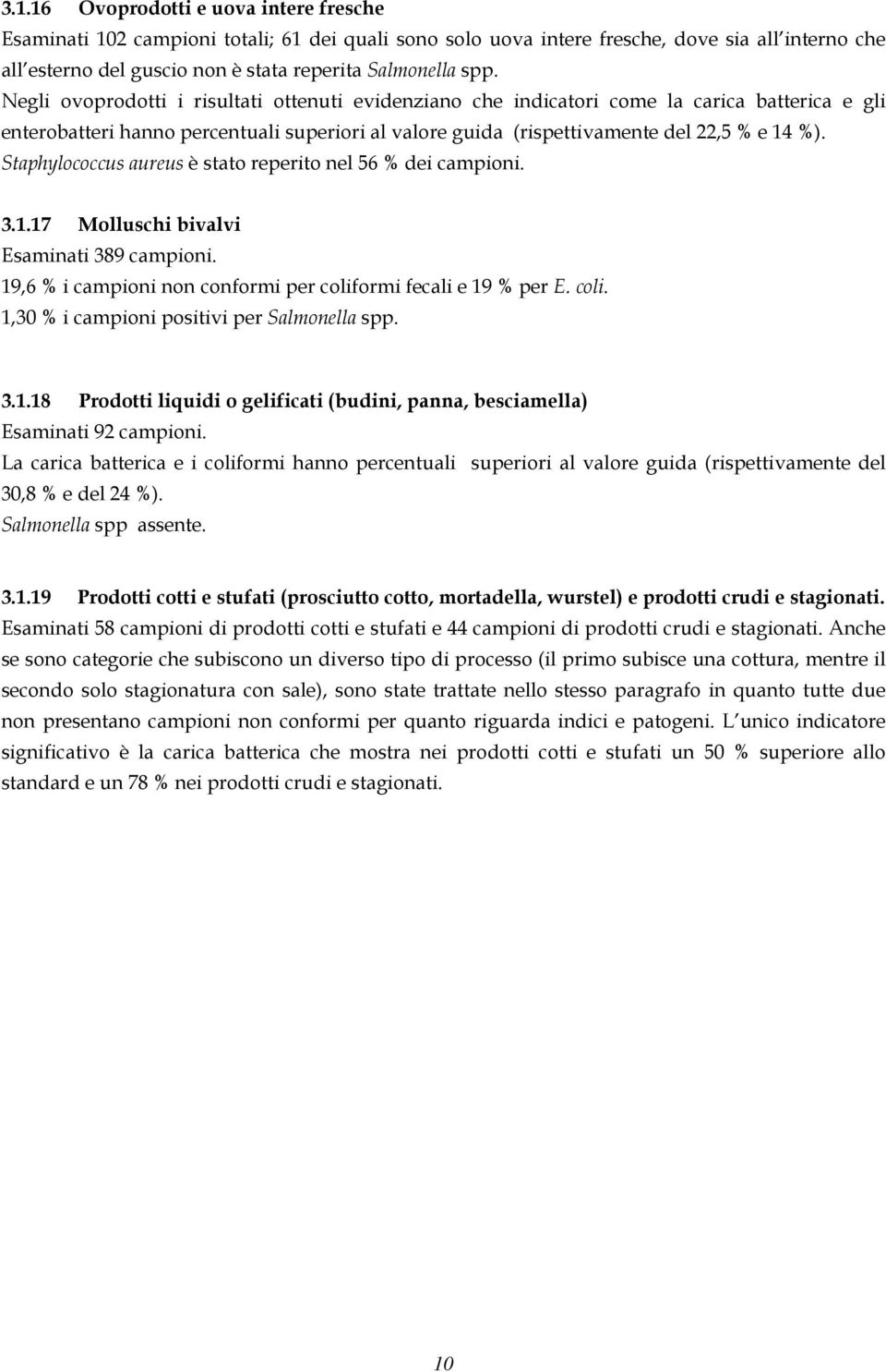 Staphylococcus aureus è stato reperito nel 56 % dei campioni. 3.1.17 Molluschi bivalvi Esaminati 389 campioni. 19,6 % i campioni non conformi per coliformi fecali e 19 % per E. coli. 1,30 % i campioni positivi per Salmonella spp.