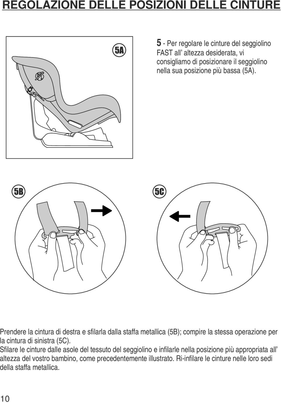 Prendere la cintura di destra e sfilarla dalla staffa metallica (5B); compire la stessa operazione per la cintura di sinistra (5C).