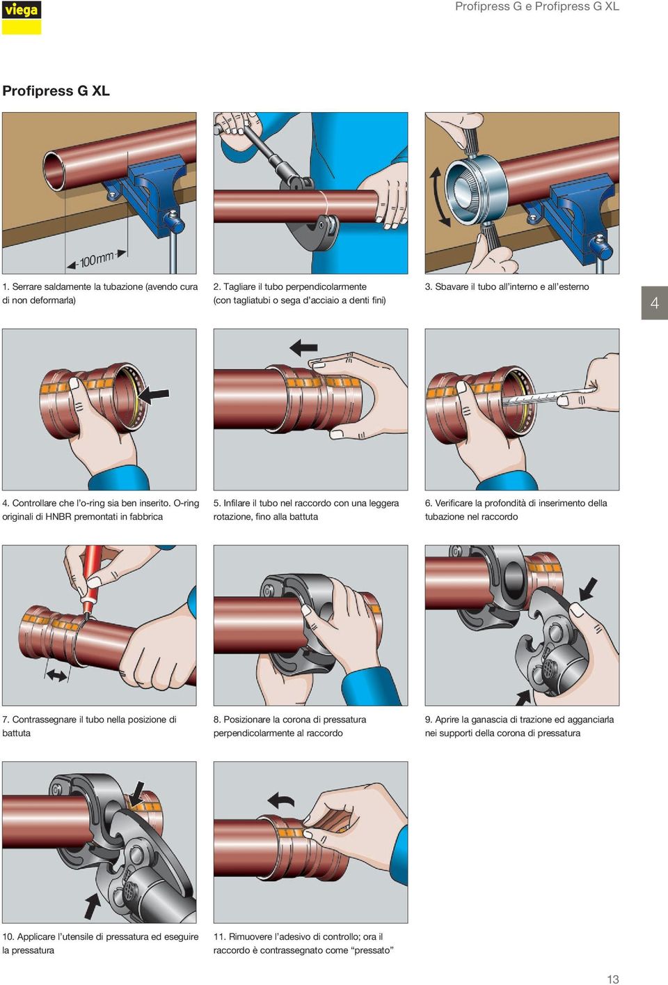 O-ring originali di HNBR premontati in fabbrica 5. Infilare il tubo nel raccordo con una leggera rotazione, fino alla battuta 6. Verificare la profondità di inserimento della tubazione nel raccordo 7.