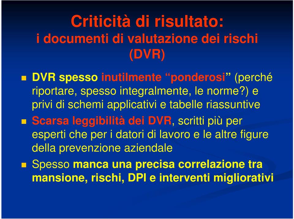 ) e privi di schemi applicativi e tabelle riassuntive Scarsa leggibilità dei DVR, scritti più per