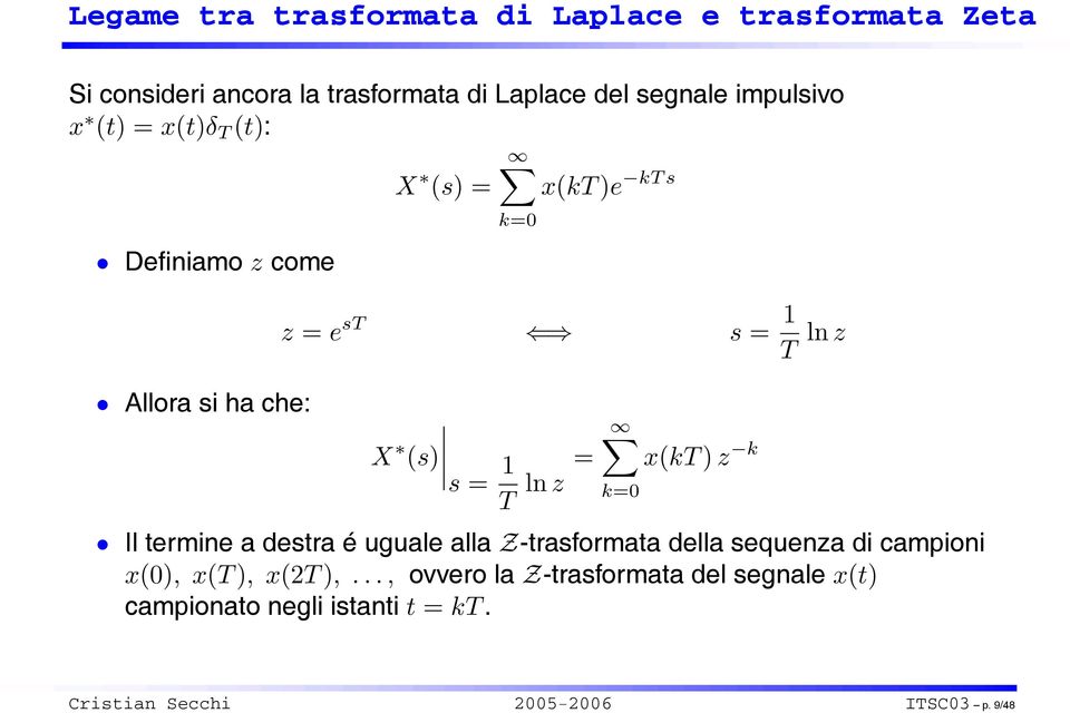 s = ln z x(k) z k Il termine a destra é uguale alla Z-trasformata della sequenza di campioni x(0), x( ), x(2 ),.