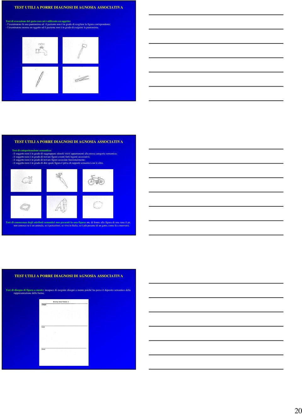 TEST UTILI A PORRE DIAGNOSI DI AGNOSIA ASSOCIATIVA Test di categorizzazione semantica: - il soggetto non è in grado di raggruppare stimoli visivi appartenenti alla stessa categoria semantica; - il