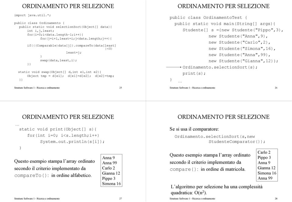 compareto(data[least] )<0) least=j; swap(data,least,i); static void swap(object[] d,int e1,int e2){ Object tmp = d[e1]; d[e1]=d[e2]; d[e2]=tmp; Strutture Software 1 - Ricerca e ordinamento 25 public