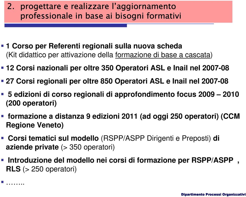 2007-08 5 edizioni di corso regionali di approfondimento focus 2009 2010 (200 operatori) formazione a distanza 9 edizioni 2011 (ad oggi 250 operatori) (CCM Regione Veneto) Corsi