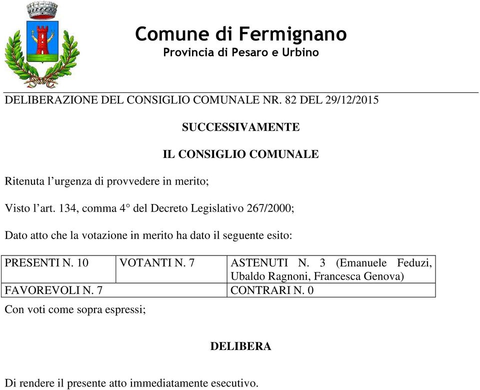 134, comma 4 del Decreto Legislativo 267/2000; Dato atto che la votazione in merito ha dato il seguente esito: PREENTI N.