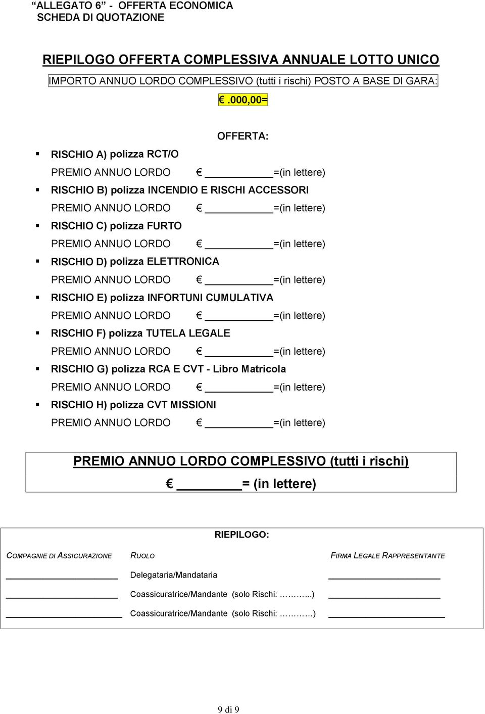 INFORTUNI CUMULATIVA RISCHIO F) polizza TUTELA LEGALE RISCHIO G) polizza RCA E CVT - Libro Matricola RISCHIO H) polizza CVT MISSIONI PREMIO ANNUO LORDO COMPLESSIVO