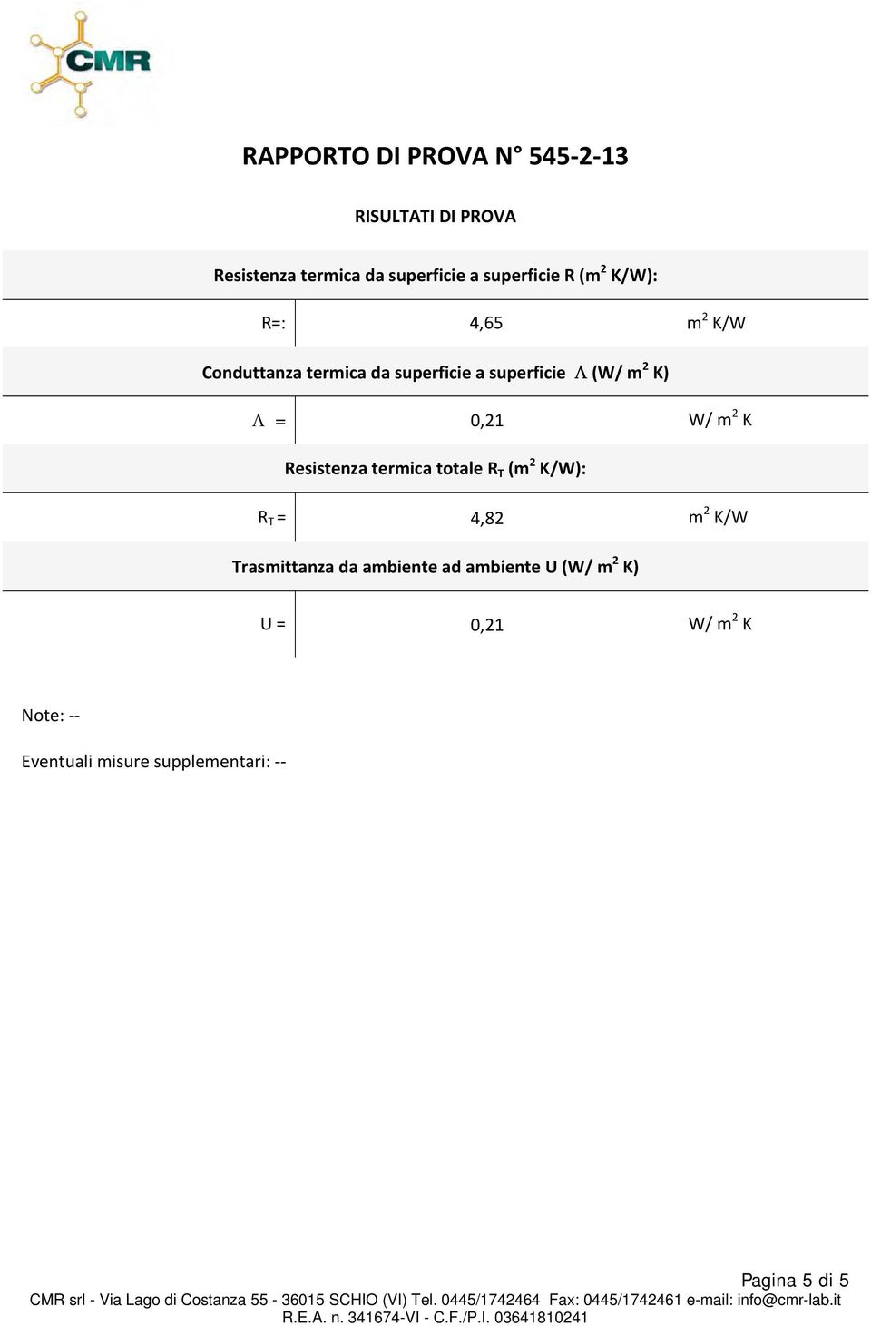 0,21 W/ m 2 K Resistenza termica totale R T (m 2 K/W): R T = 4,82 m 2 K/W Trasmittanza da