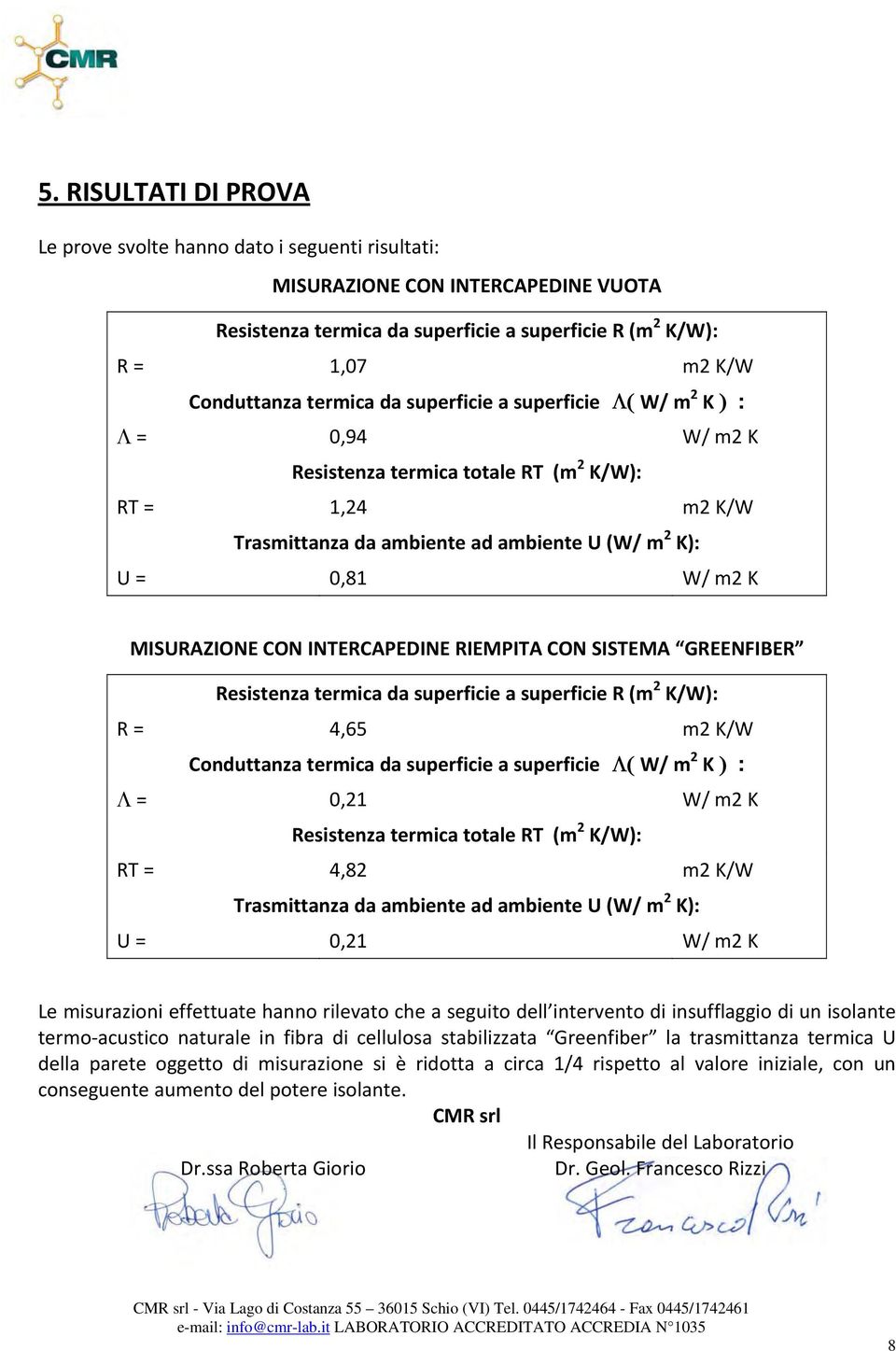 MISURAZIONE CON INTERCAPEDINE RIEMPITA CON SISTEMA GREENFIBER Resistenza termica da superficie a superficie R (m 2 K/W): R = 4,65 m2 K/W Conduttanza termica da superficie a superficie Λ( W/ m 2 K ) :