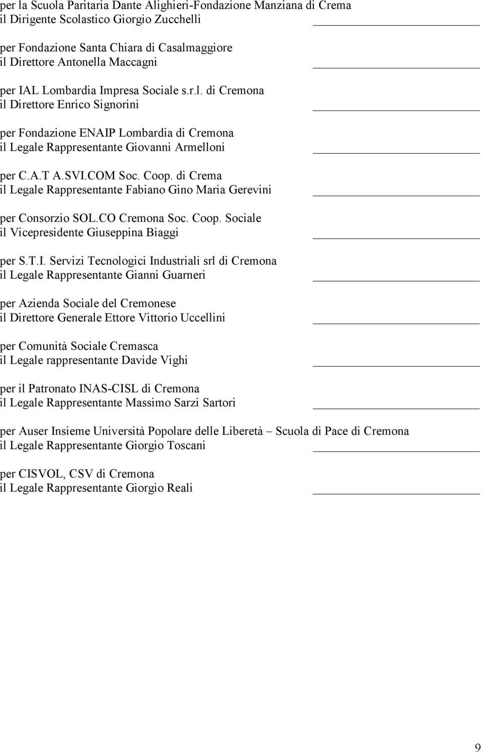 di Crema il Legale Rappresentante Fabiano Gino Maria Gerevini per Consorzio SOL.CO Cremona Soc. Coop. Sociale il Vicepresidente Giuseppina Biaggi per S.T.I.