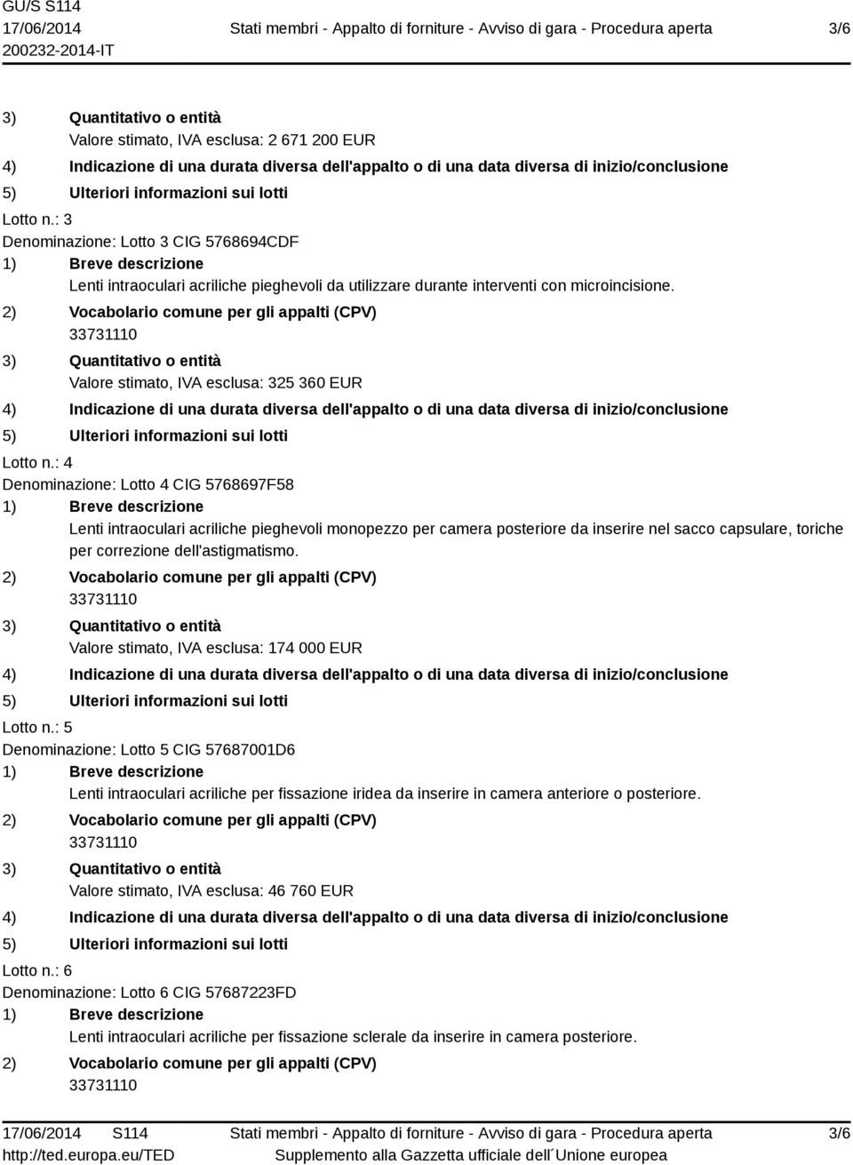 : 4 Denominazione: Lotto 4 CIG 5768697F58 Lenti intraoculari acriliche pieghevoli monopezzo per camera posteriore da inserire nel sacco capsulare, toriche per correzione dell'astigmatismo.