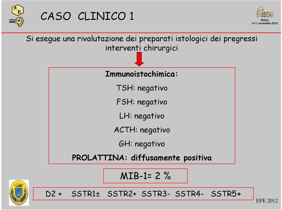 FSH: negativo LH: negativo ACTH: negativo GH: negativo PROLATTINA: