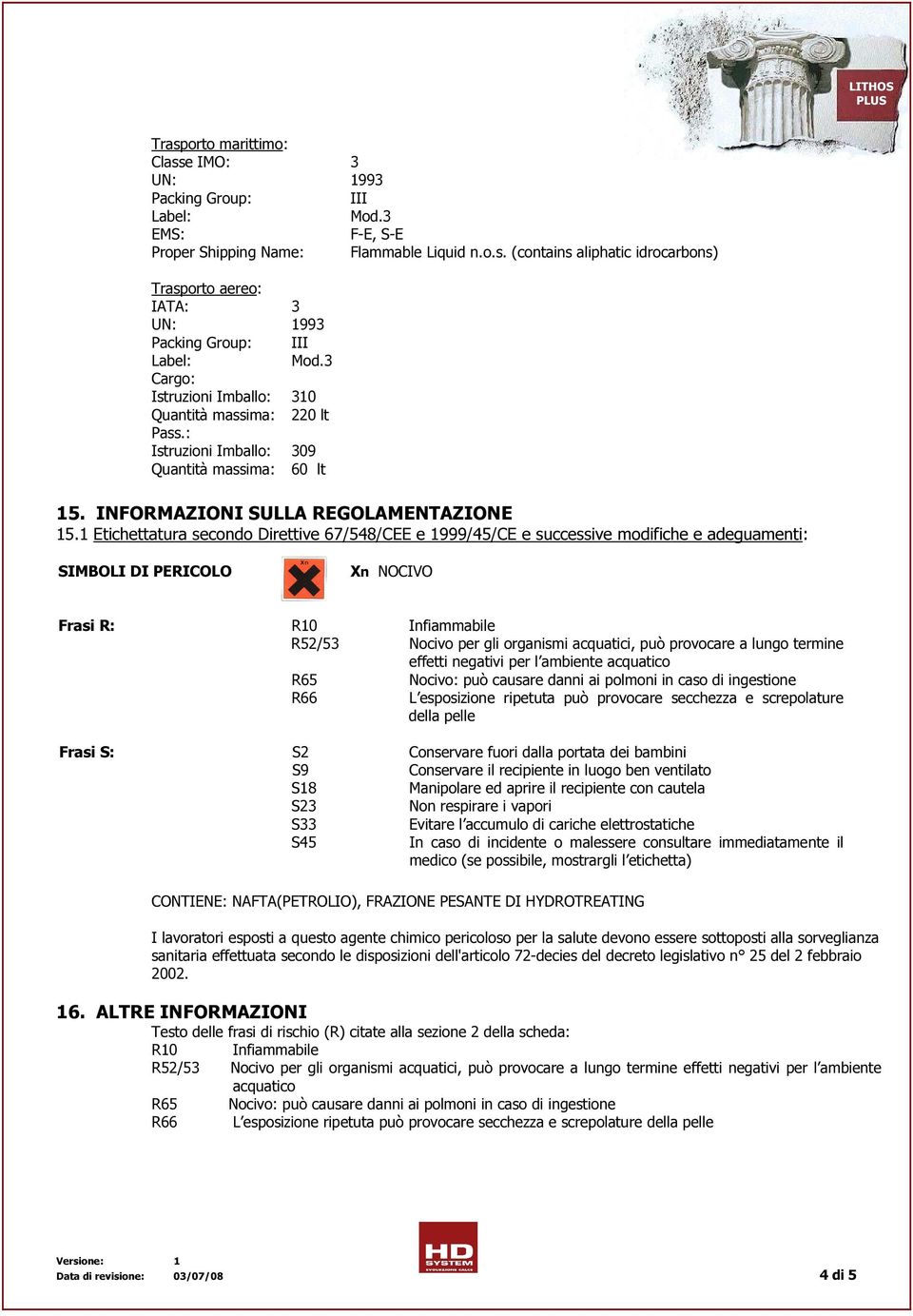 1 Etichettatura secondo Direttive 67/548/CEE e 1999/45/CE e successive modifiche e adeguamenti: SIMBOLI DI PERICOLO Xi Xn NOCIVO Frasi R: R10 Infiammabile R52/53 Nocivo per gli organismi acquatici,