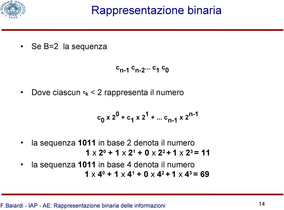 .. c n-1 x 2 n-1 la sequenza 1011 in base 2 denota il numero 1 x 2 0 + 1 x 2 1 +