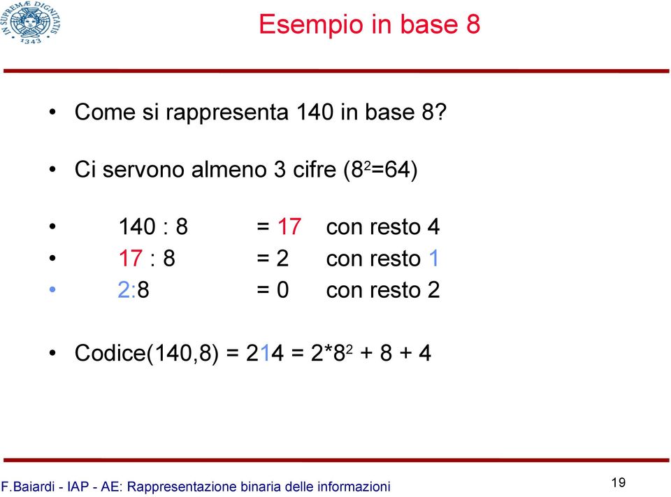 Ci servono almeno 3 cifre (8 2 =64) 140 : 8 = 17