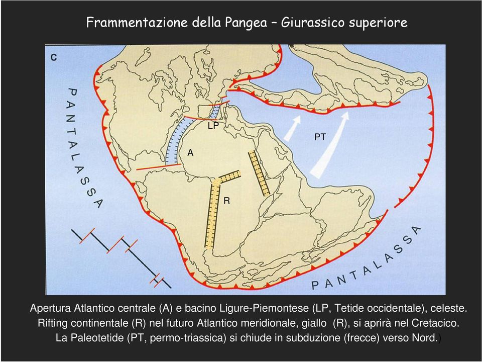 Rifting continentale (R) nel futuro Atlantico meridionale, giallo (R), si aprirà