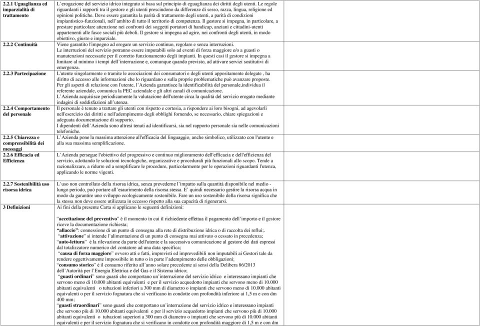 Deve essere garantita la parità di trattamento degli utenti, a parità di condizioni impiantistico-funzionali, nell ambito di tutto il territorio di competenza.