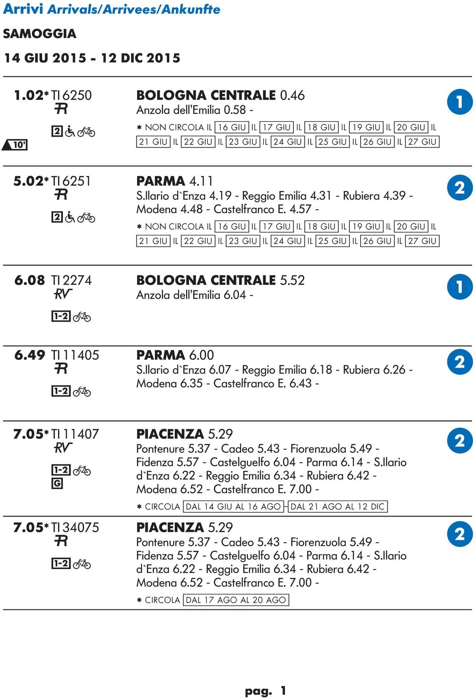 19 - Reggio Emilia 4.31 - Rubiera 4.39 - Modena 4.48 - Castelfranco E. 4.57-2 a F * NON CIRCO I [16 giu] I [17 giu] I [18 giu] I [19 giu] I [20 giu] I [21 giu] I [22 giu] I [23 giu] I [24 giu] I [25 giu] I [26 giu] I [27 giu] 6.