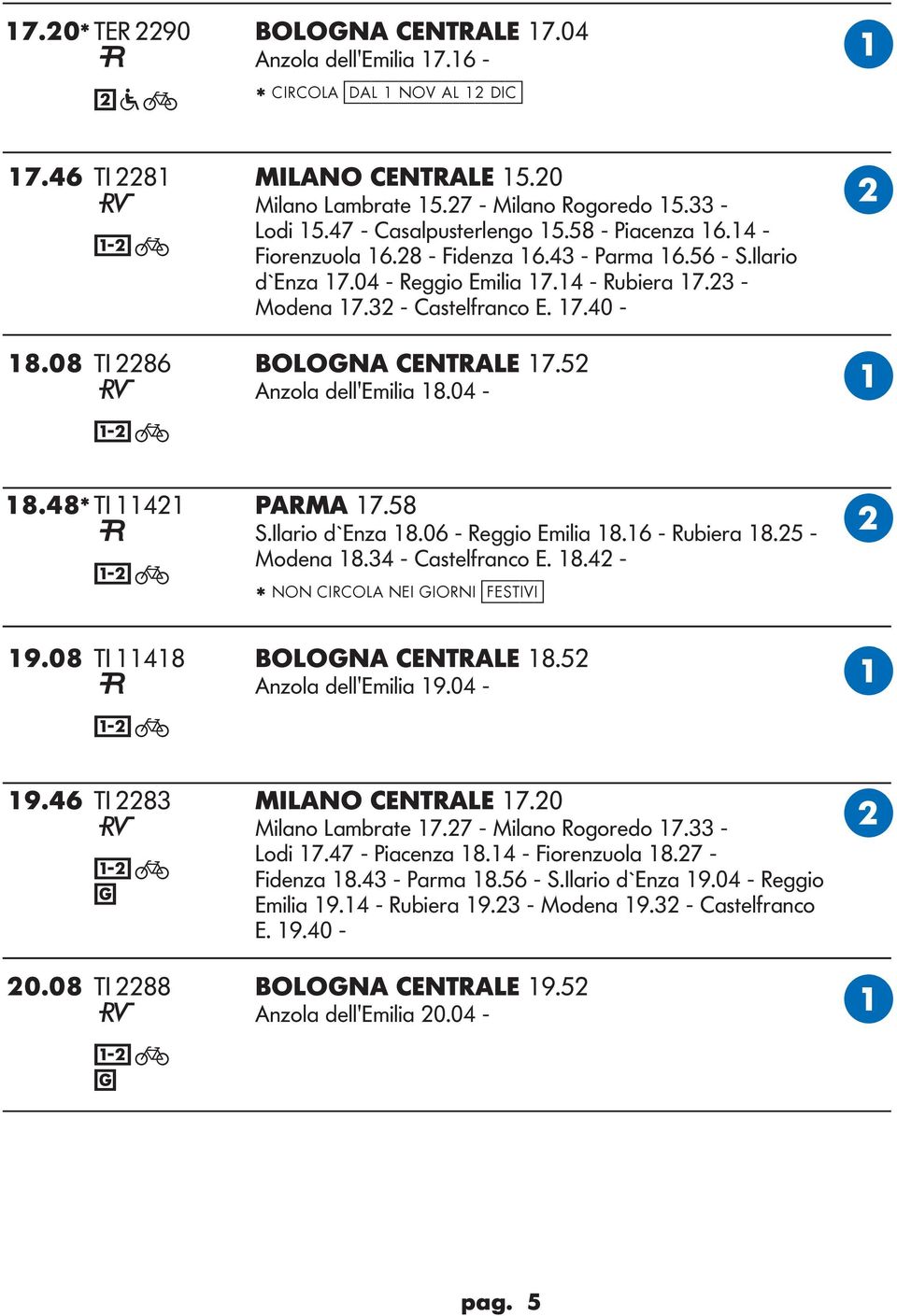 08 TI 2286 OON CENTRE 17.52 nzola dell'emilia 18.04-18.48* TI 11421 PRM 17.58 S.Ilario d`enza 18.06 - Reggio Emilia 18.16 - Rubiera 18.25 - Modena 18.34 - Castelfranco E. 18.42 - * NON CIRCO NEI IORNI [festivi] 19.