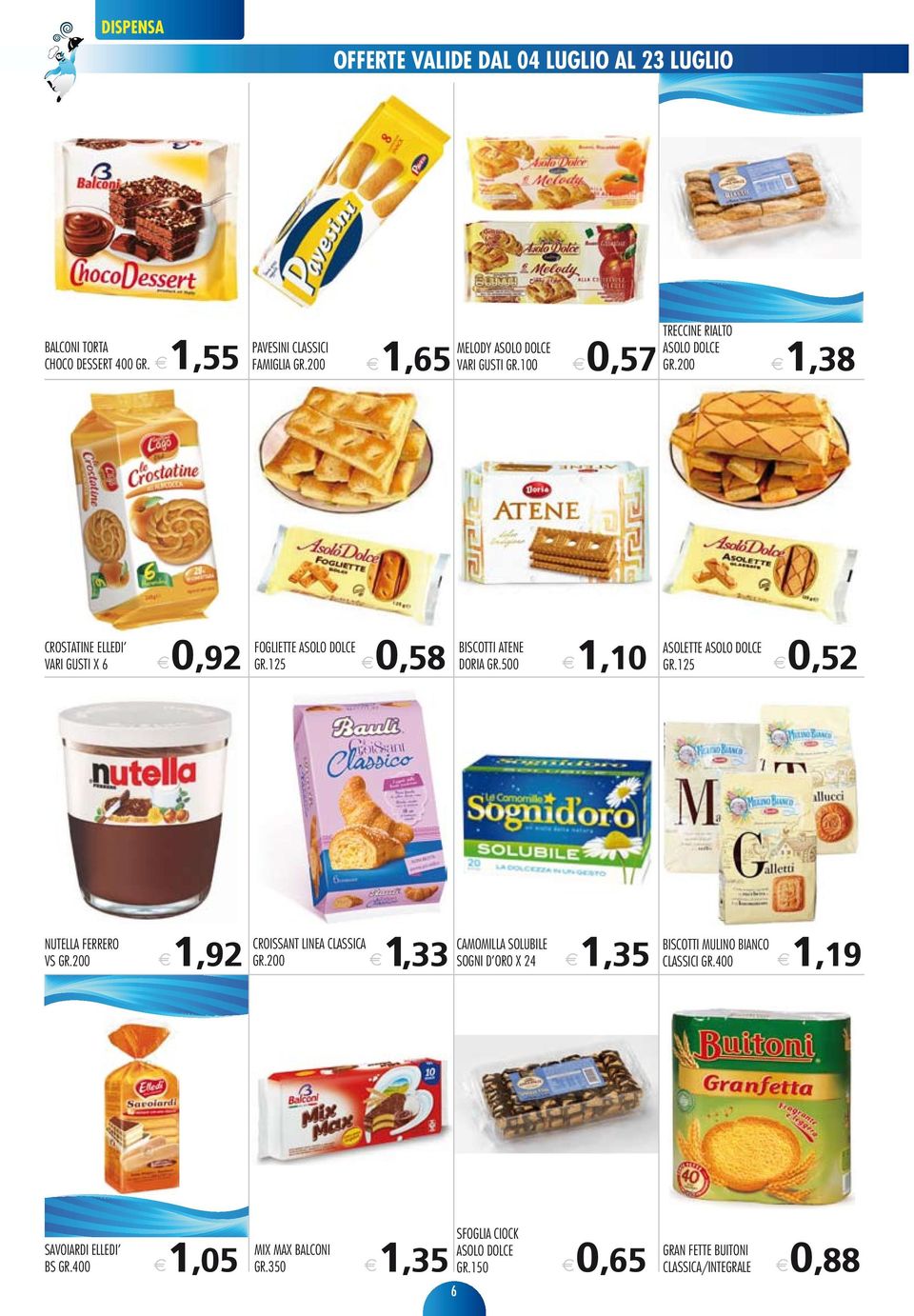 125 0,58 BISCOTTI ATENE DORIA GR.500 1,10 ASOLETTE ASOLO DOLCE GR.125 0,52 NUTELLA FERRERO VS GR.200 1,92 CROISSANT LINEA CLASSICA GR.