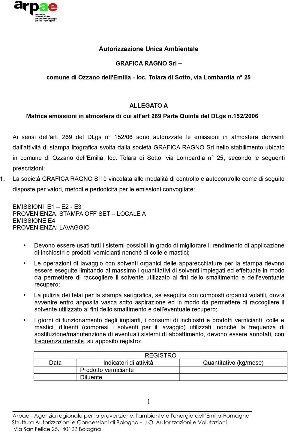 269 del DLgs n 152/06 sono autorizzate le emissioni in atmosfera derivanti dall attività di stampa litografica svolta dalla società GRAFICA RAGNO Srl nello stabilimento ubicato in comune di Ozzano