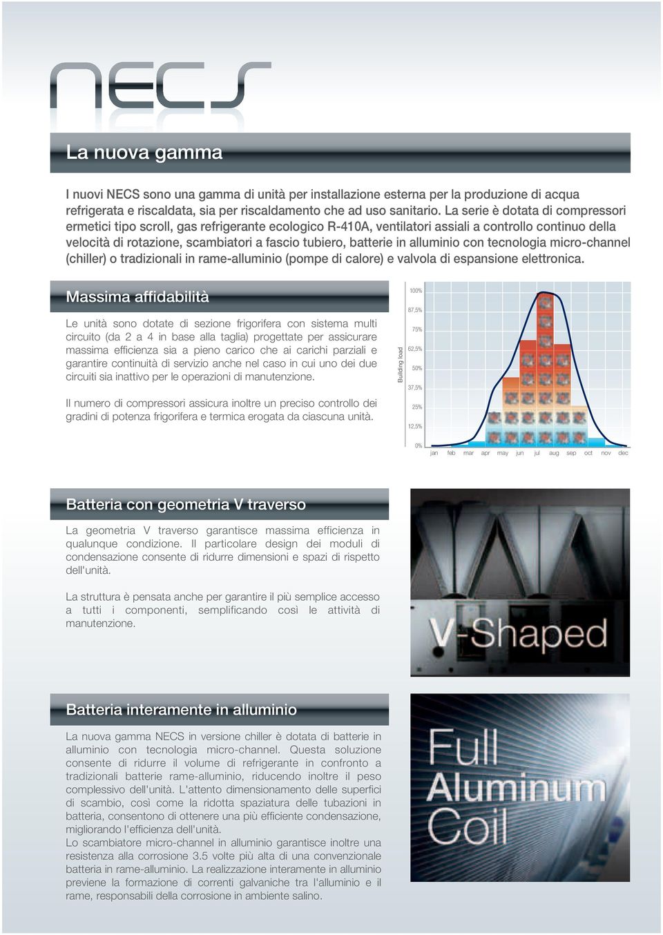 in alluminio con tecnologia micro-channel (chiller) o tradizionali in rame-alluminio (pompe di calore) e valvola di espansione elettronica.