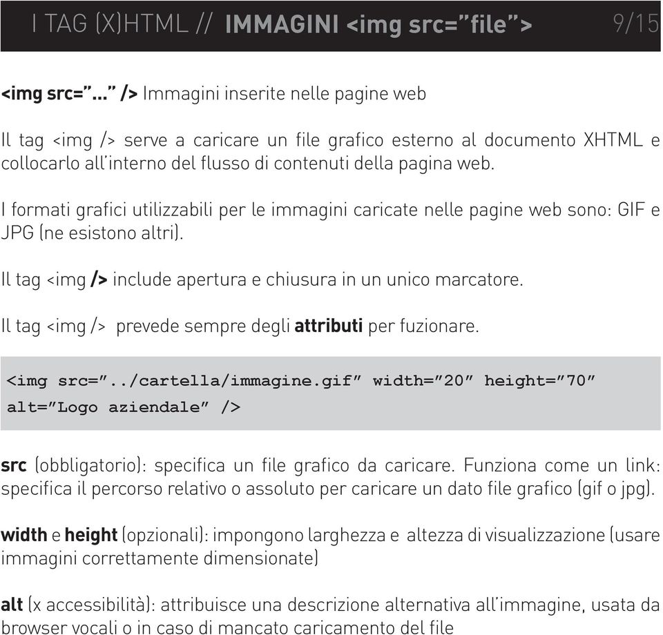 I formati grafici utilizzabili per le immagini caricate nelle pagine web sono: GIF e JPG (ne esistono altri). Il tag <img /> include apertura e chiusura in un unico marcatore.