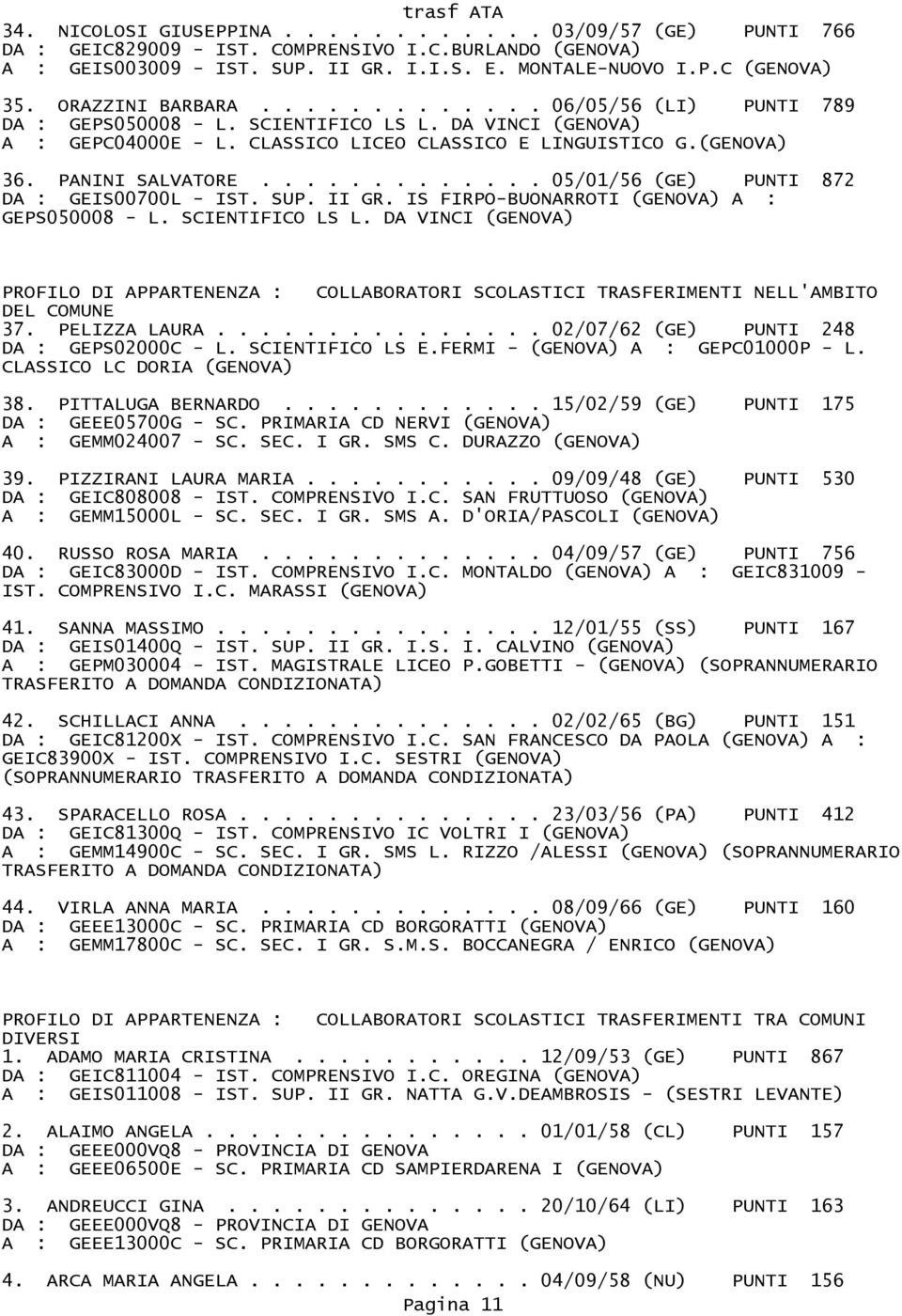 ............ 05/01/56 (GE) PUNTI 872 DA : GEIS00700L IST. SUP. II GR. IS FIRPOBUONARROTI (GENOVA) A : GEPS050008 L. SCIENTIFICO LS L.