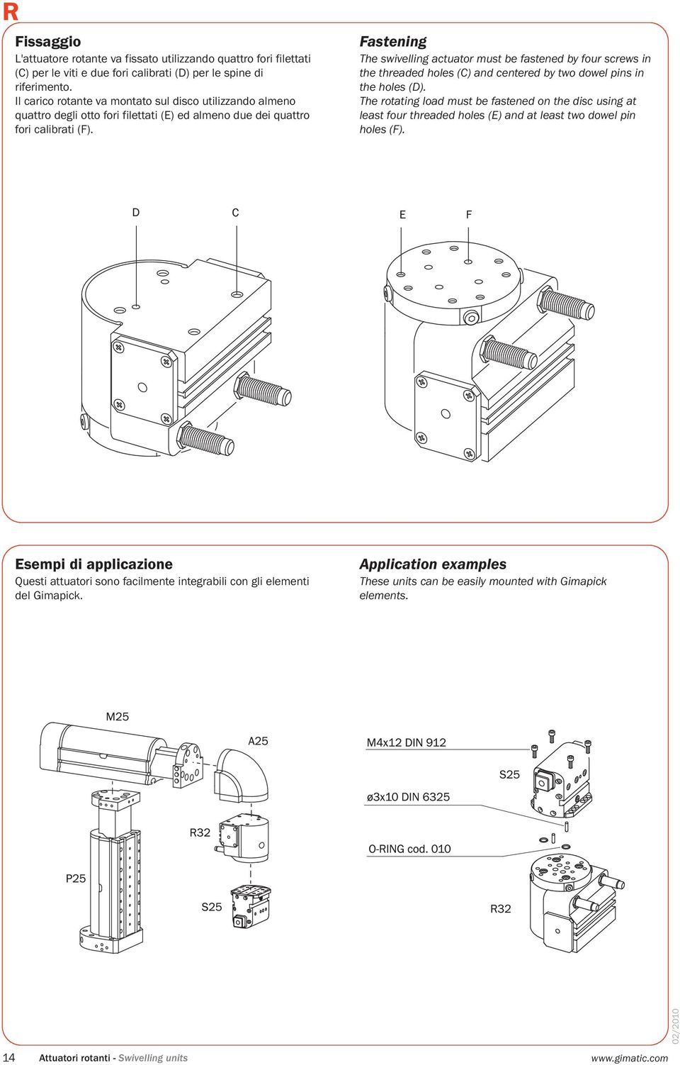 Fastening The swivelling actuator must be fastened by four screws in the threaded holes (C) and centered by two dowel pins in the holes (D).