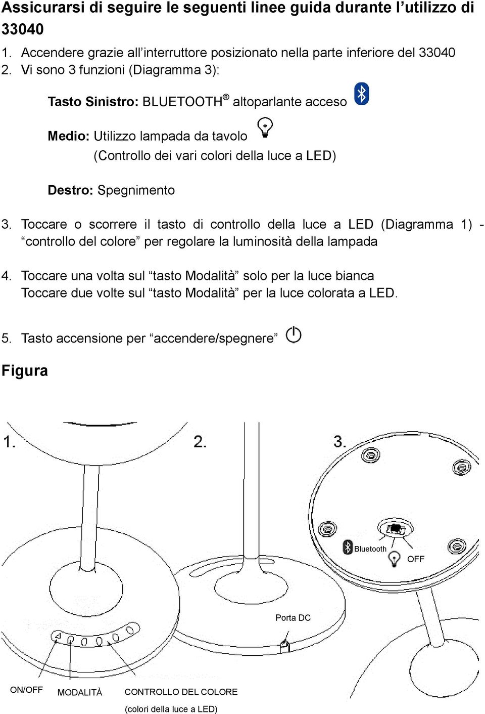 Toccare o scorrere il tasto di controllo della luce a LED (Diagramma 1) - controllo del colore per regolare la luminosità della lampada 4.