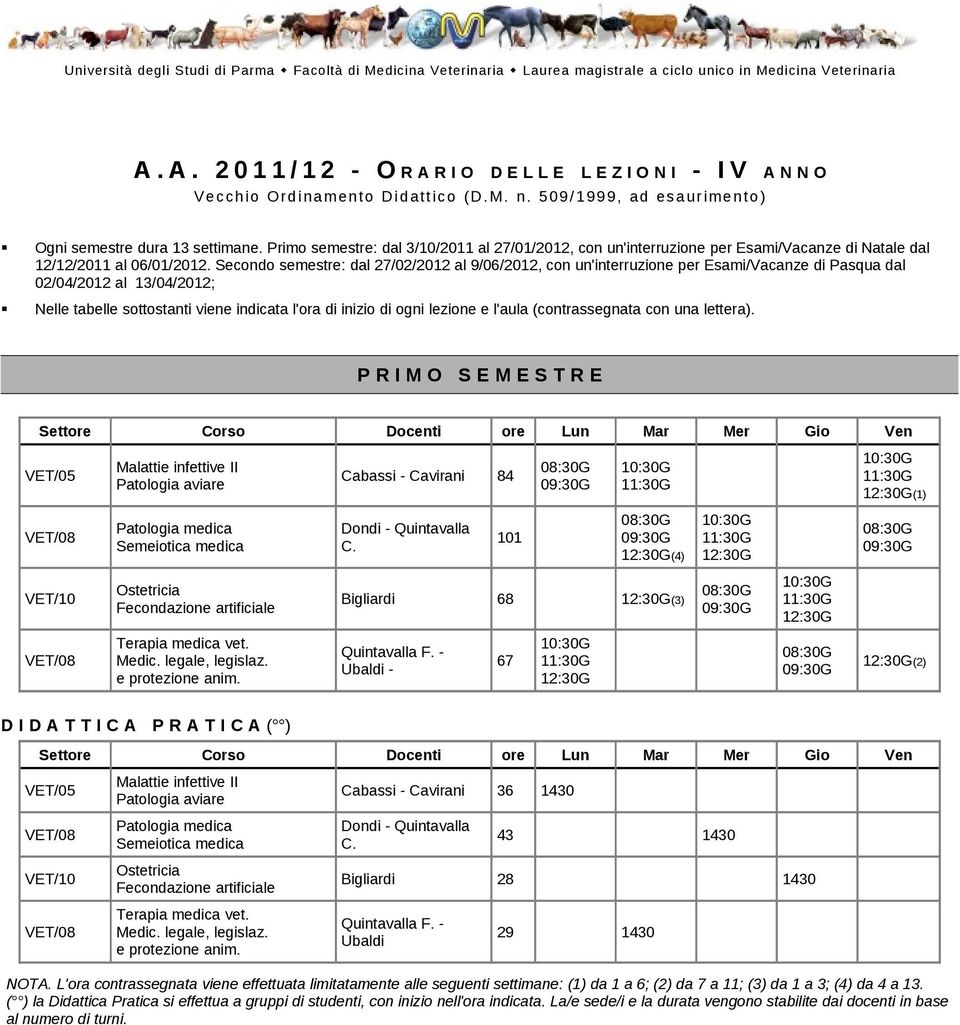 509 /199 9, ad esa urimen to) P R I M O S E M E S T R E VET/08 VET/10 VET/08 Malattie infettive II Patologia aviare Patologia medica Semeiotica medica Ostetricia Fecondazione artificiale Terapia