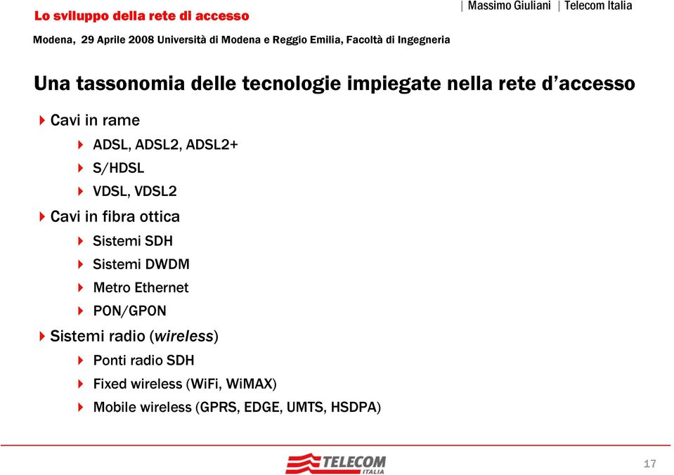 SDH Sistemi DWDM Metro Ethernet PON/GPON Sistemi radio (wireless) Ponti