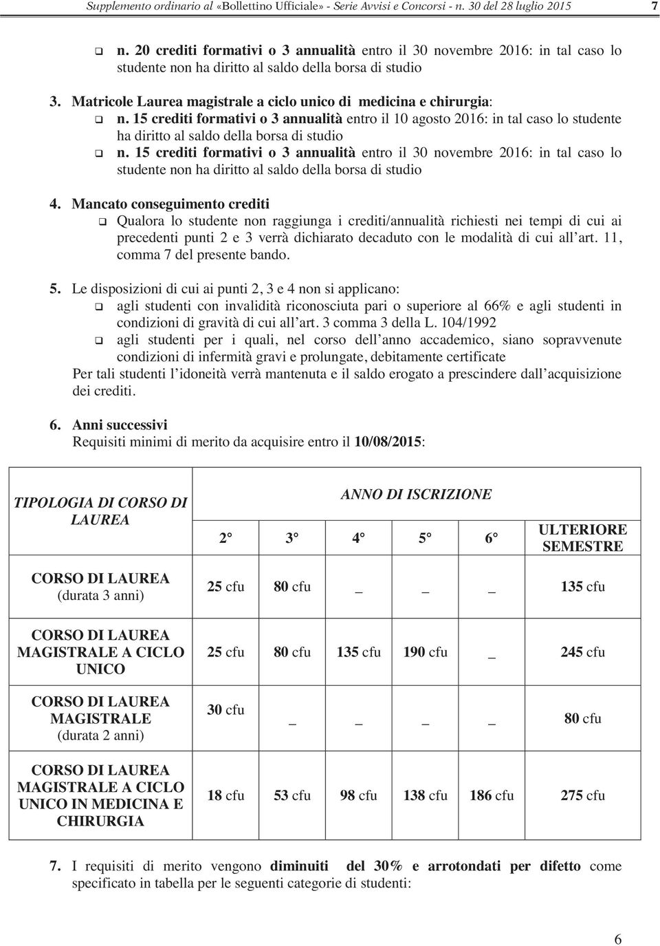 Matricole Laurea magistrale a ciclo unico di medicina e chirurgia: n. 15 crediti formativi o 3 annualità entro il 10 agosto 2016: in tal caso lo studente ha diritto al saldo della borsa di studio n.