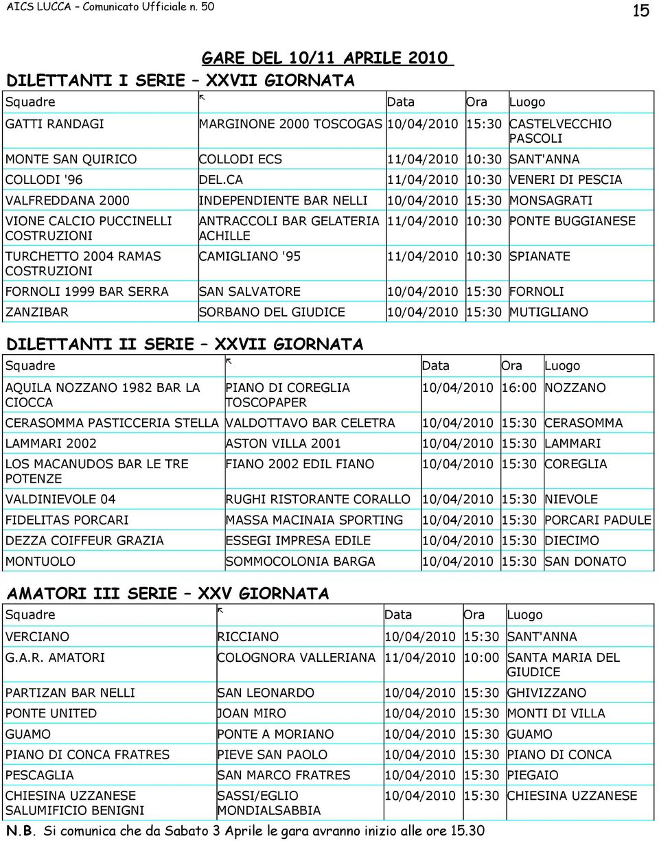 CA 11/04/2010 10:30 VENERI DI PESCIA VALFREDDANA 2000 INDEPENDIENTE BAR NELLI 10/04/2010 15:30 MONSAGRATI VIONE CALCIO PUCCINELLI COSTRUZIONI TURCHETTO 2004 RAMAS COSTRUZIONI ANTRACCOLI BAR GELATERIA