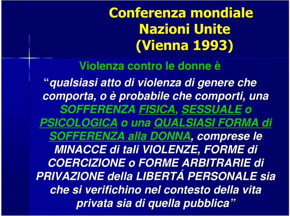 FORMA di SOFFERENZA alla DONNA, comprese le MINACCE di tali VIOLENZE, FORME di COERCIZIONE o FORME ARBITRARIE