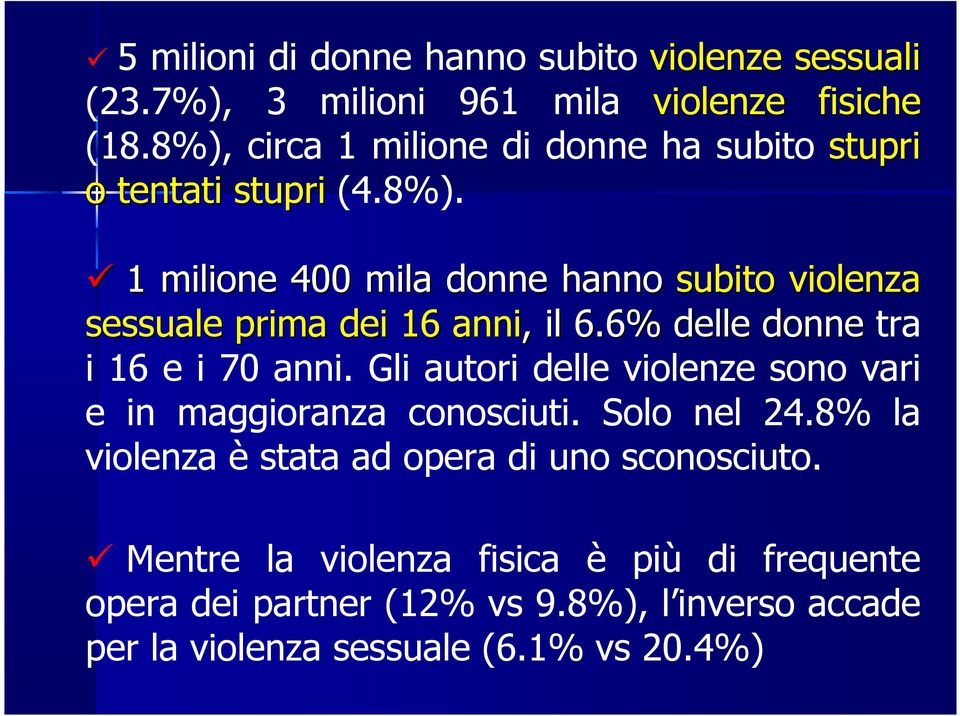 6% delle donne tra i 16 e i 70 anni. Gli autori delle violenze sono vari e in maggioranza conosciuti. Solo nel 24.